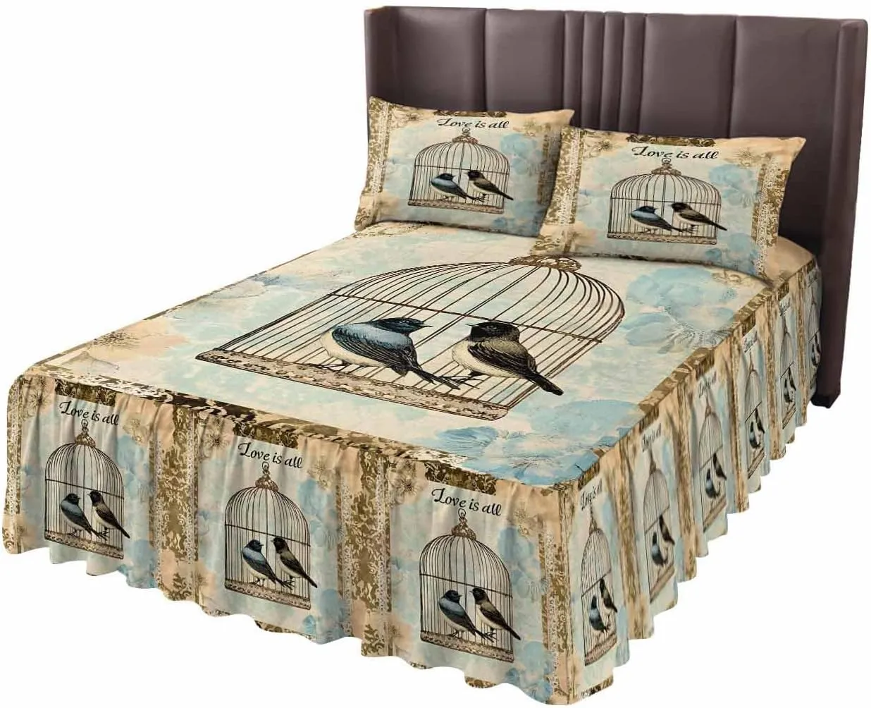 Retro Birds Cage Bed Skirt Sheet Set 1 Bed Sheet & 2 Pillowcases, Bed Skirt Cal King Size 18 Inch Drop, Watercolor Floral Pattern Wrap Around Bed Skirts, Bedding Dust Ruffle Skirt Bedspread