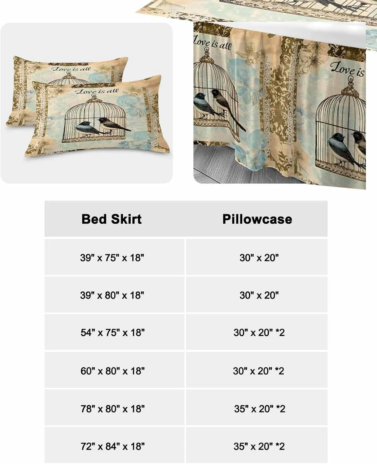 Retro Birds Cage Bed Skirt Sheet Set 1 Bed Sheet & 2 Pillowcases, Bed Skirt Cal King Size 18 Inch Drop, Watercolor Floral Pattern Wrap Around Bed Skirts, Bedding Dust Ruffle Skirt Bedspread
