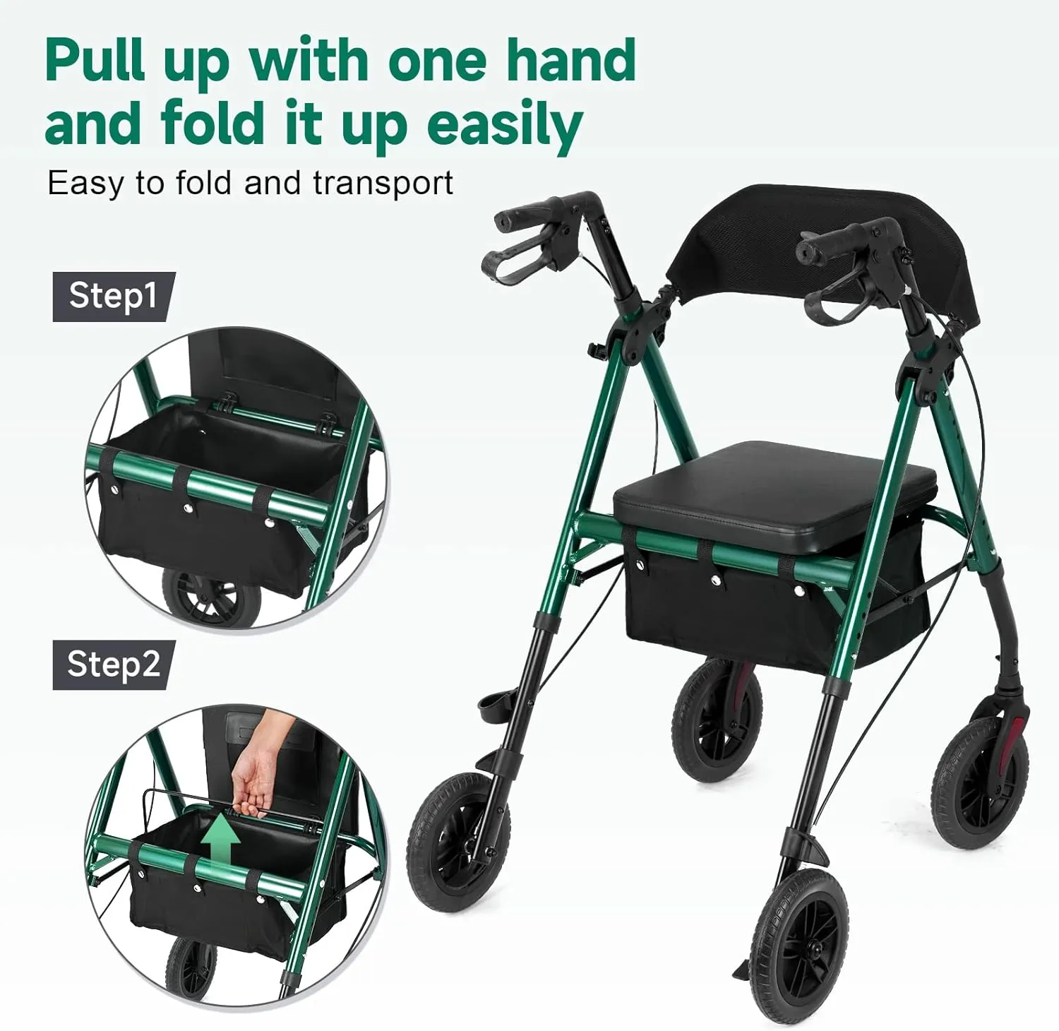 Rollator Walker Green 8" Large 4 Wheels Rollator Walkers for Seniors with Seat Locking Brakes Adjustable Seat and Arms Aluminum Medical Walker Foldable Removable Back Support 300 lbs