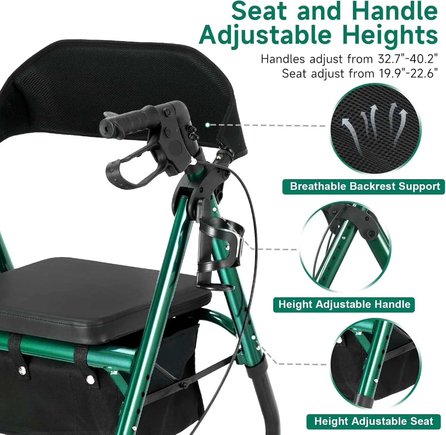 Rollator Walker Green 8" Large 4 Wheels Rollator Walkers for Seniors with Seat Locking Brakes Adjustable Seat and Arms Aluminum Medical Walker Foldable Removable Back Support 300 lbs