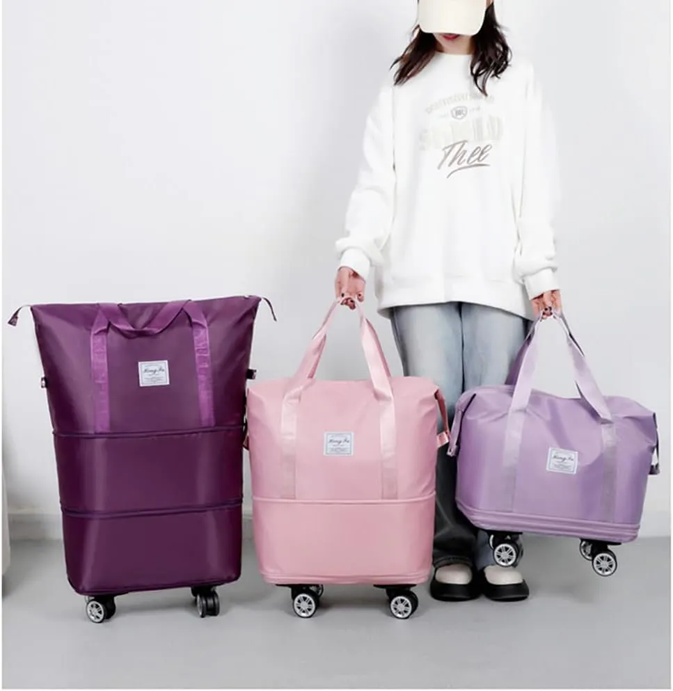 Rolling Duffle Bag with Wheels Foldable Travel Duffle Bags Expandable Carry on Luggage Bag with Detachable Wheels Large Weekender Overnight Bag (Deep Purple)