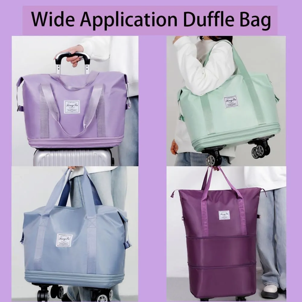 Rolling Duffle Bag with Wheels Foldable Travel Duffle Bags Expandable Carry on Luggage Bag with Detachable Wheels Large Weekender Overnight Bag (Deep Purple)
