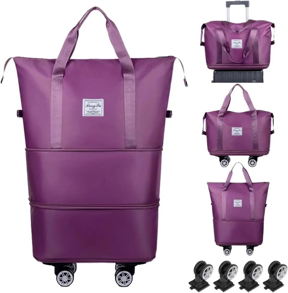 Rolling Duffle Bag with Wheels Foldable Travel Duffle Bags Expandable Carry on Luggage Bag with Detachable Wheels Large Weekender Overnight Bag (Deep Purple)