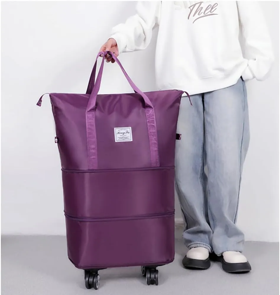 Rolling Duffle Bag with Wheels Foldable Travel Duffle Bags Expandable Carry on Luggage Bag with Detachable Wheels Large Weekender Overnight Bag (Deep Purple)