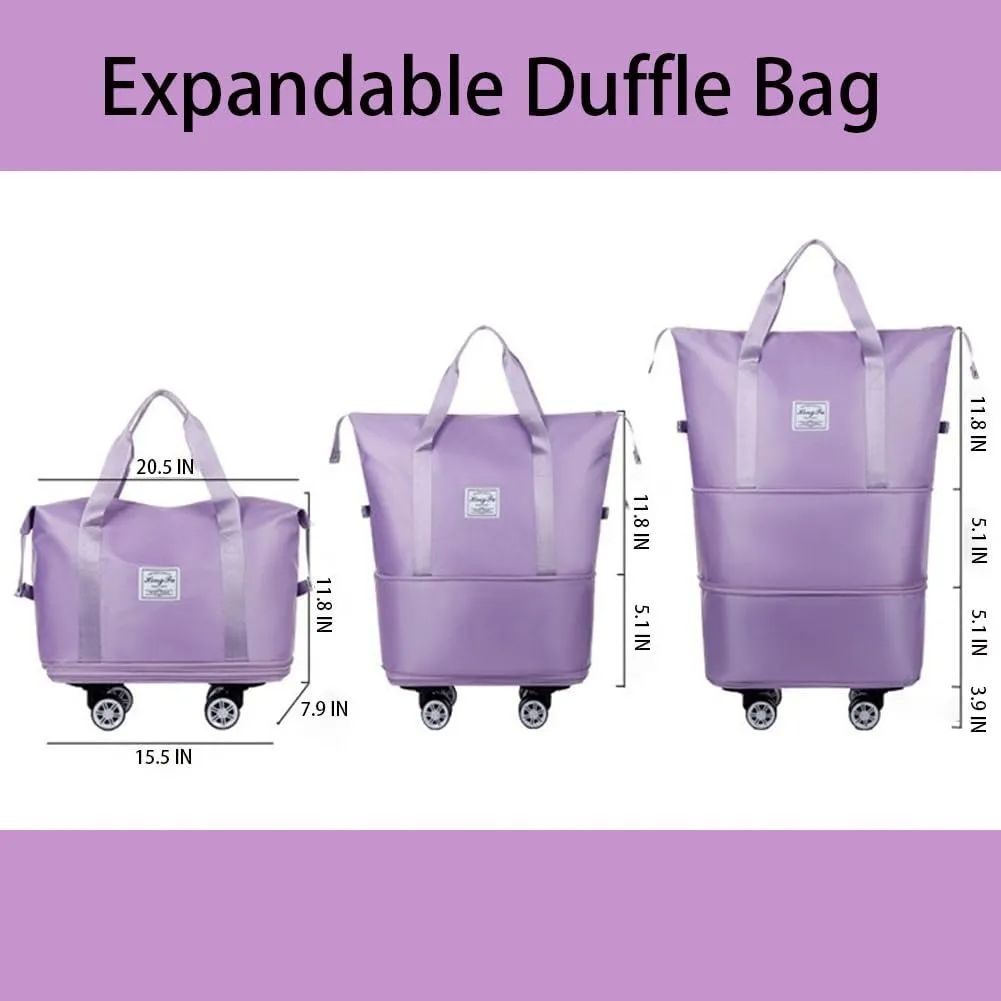 Rolling Duffle Bag with Wheels Foldable Travel Duffle Bags Expandable Carry on Luggage Bag with Detachable Wheels Large Weekender Overnight Bag (Deep Purple)