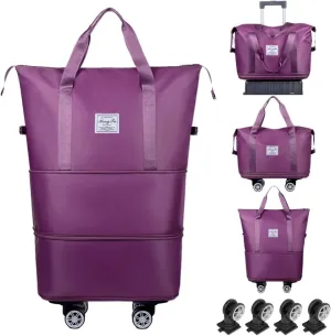 Rolling Duffle Bag with Wheels Foldable Travel Duffle Bags Expandable Carry on Luggage Bag with Detachable Wheels Large Weekender Overnight Bag (Deep Purple)
