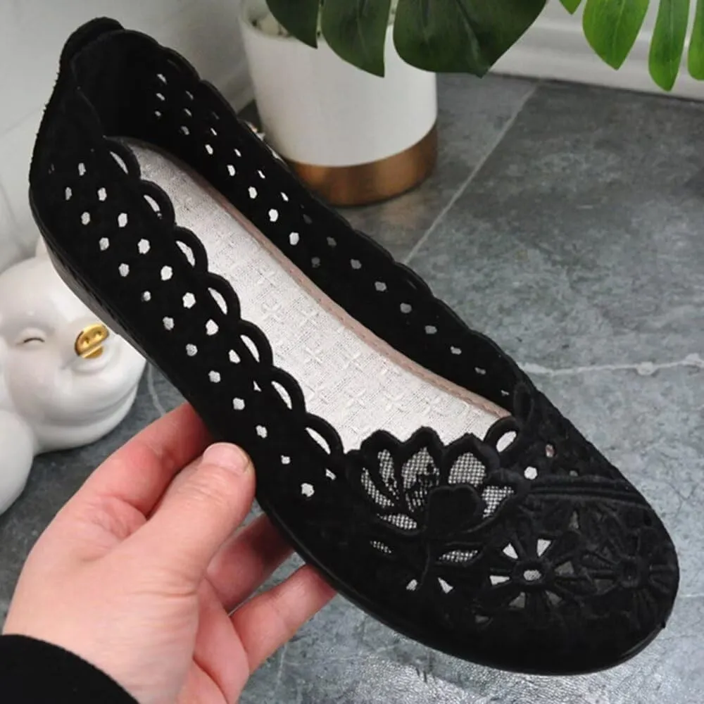 SAILING LU Women's Breathable Crochet Lace Ballet Flat Floral Casual Round Toe Loafers Shoes
