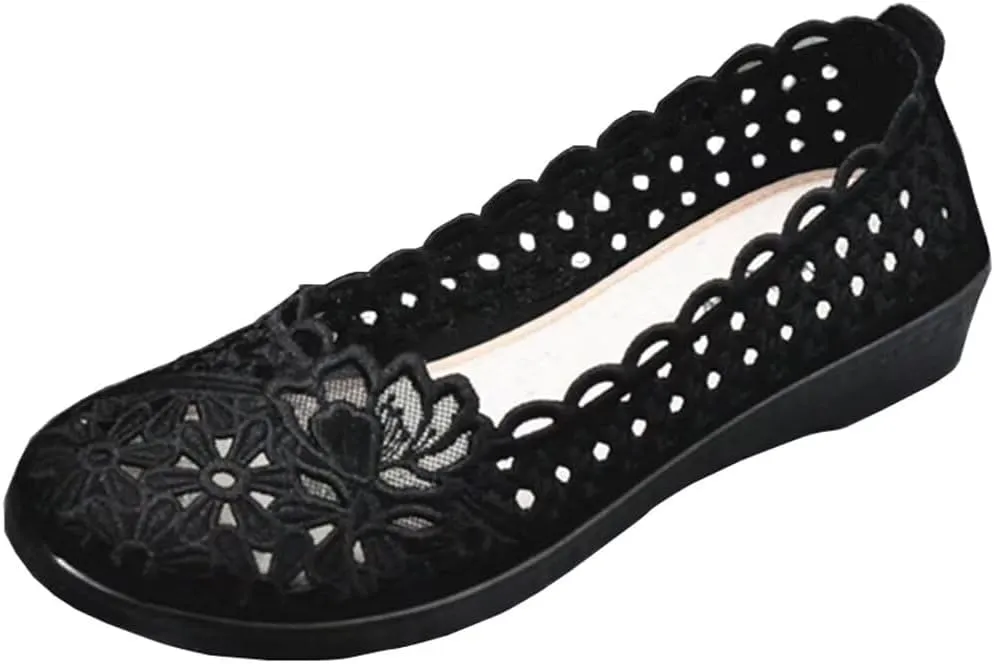 SAILING LU Women's Breathable Crochet Lace Ballet Flat Floral Casual Round Toe Loafers Shoes