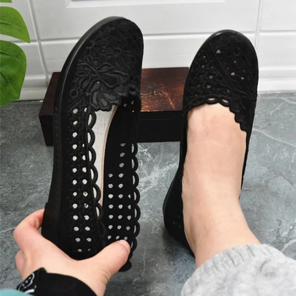SAILING LU Women's Breathable Crochet Lace Ballet Flat Floral Casual Round Toe Loafers Shoes