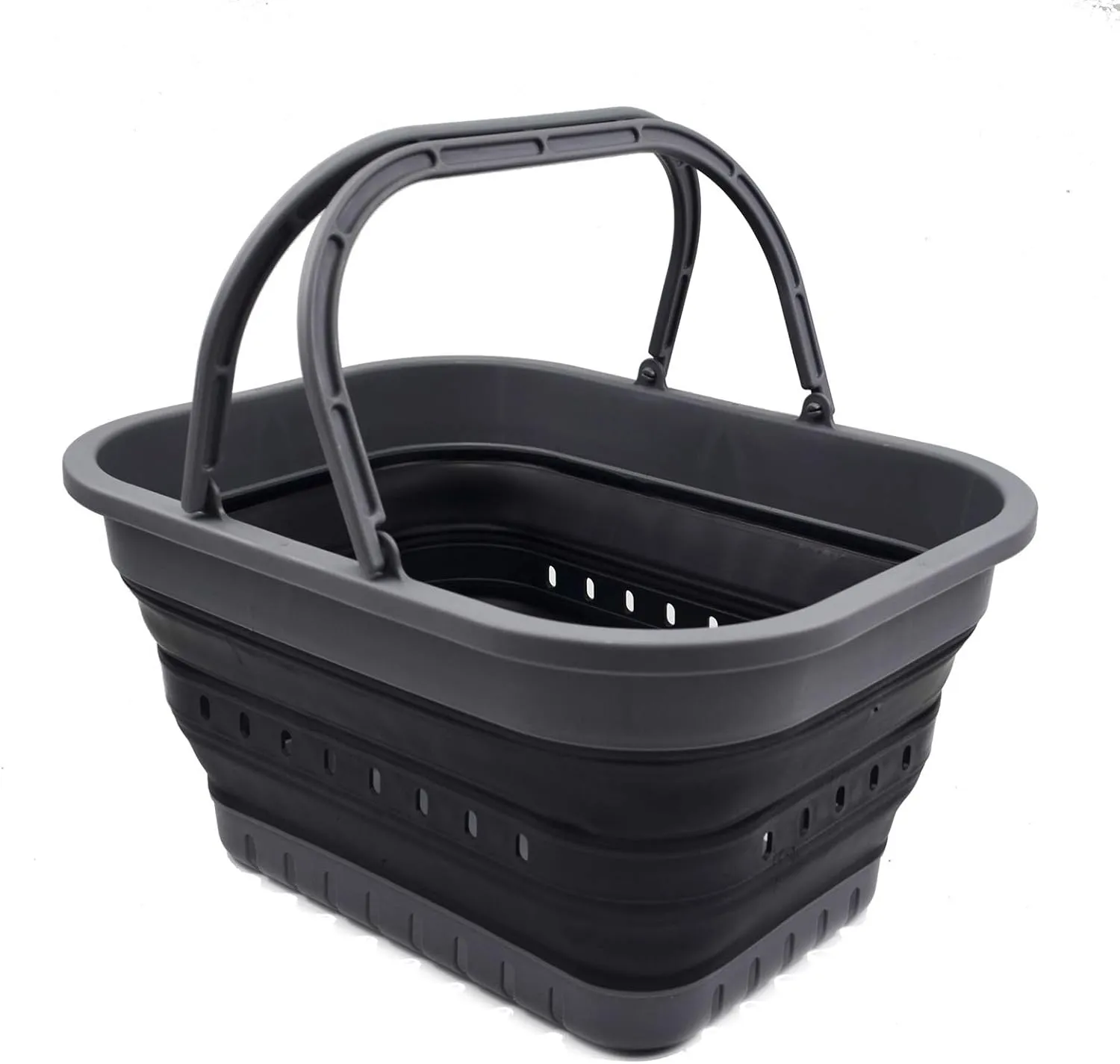 SAMMART 19L (5 Gallon) Collapsible Tub with Handle - Portable Outdoor Picnic Basket/Crater - Foldable Shopping Bag - Space Saving Storage Container (Grey/Black)