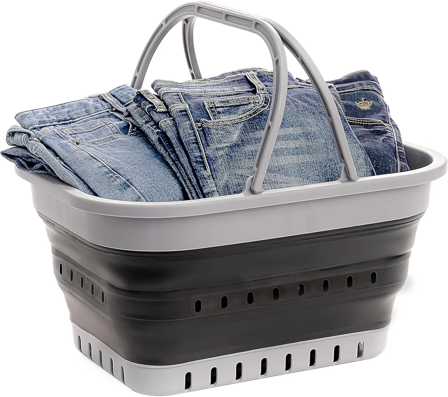SAMMART 19L (5 Gallon) Collapsible Tub with Handle - Portable Outdoor Picnic Basket/Crater - Foldable Shopping Bag - Space Saving Storage Container (Grey/Black)