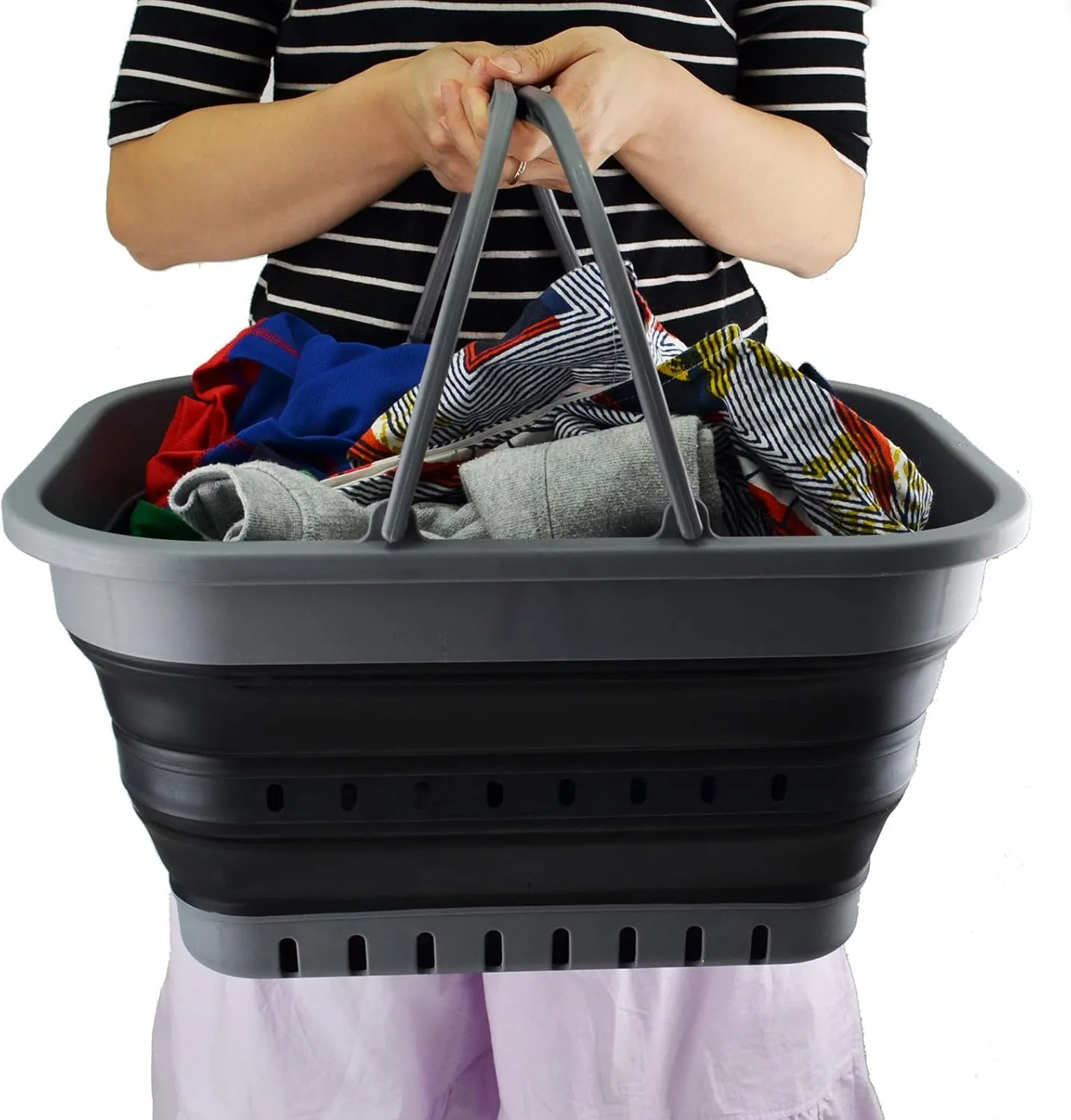 SAMMART 19L (5 Gallon) Collapsible Tub with Handle - Portable Outdoor Picnic Basket/Crater - Foldable Shopping Bag - Space Saving Storage Container (Grey/Black)