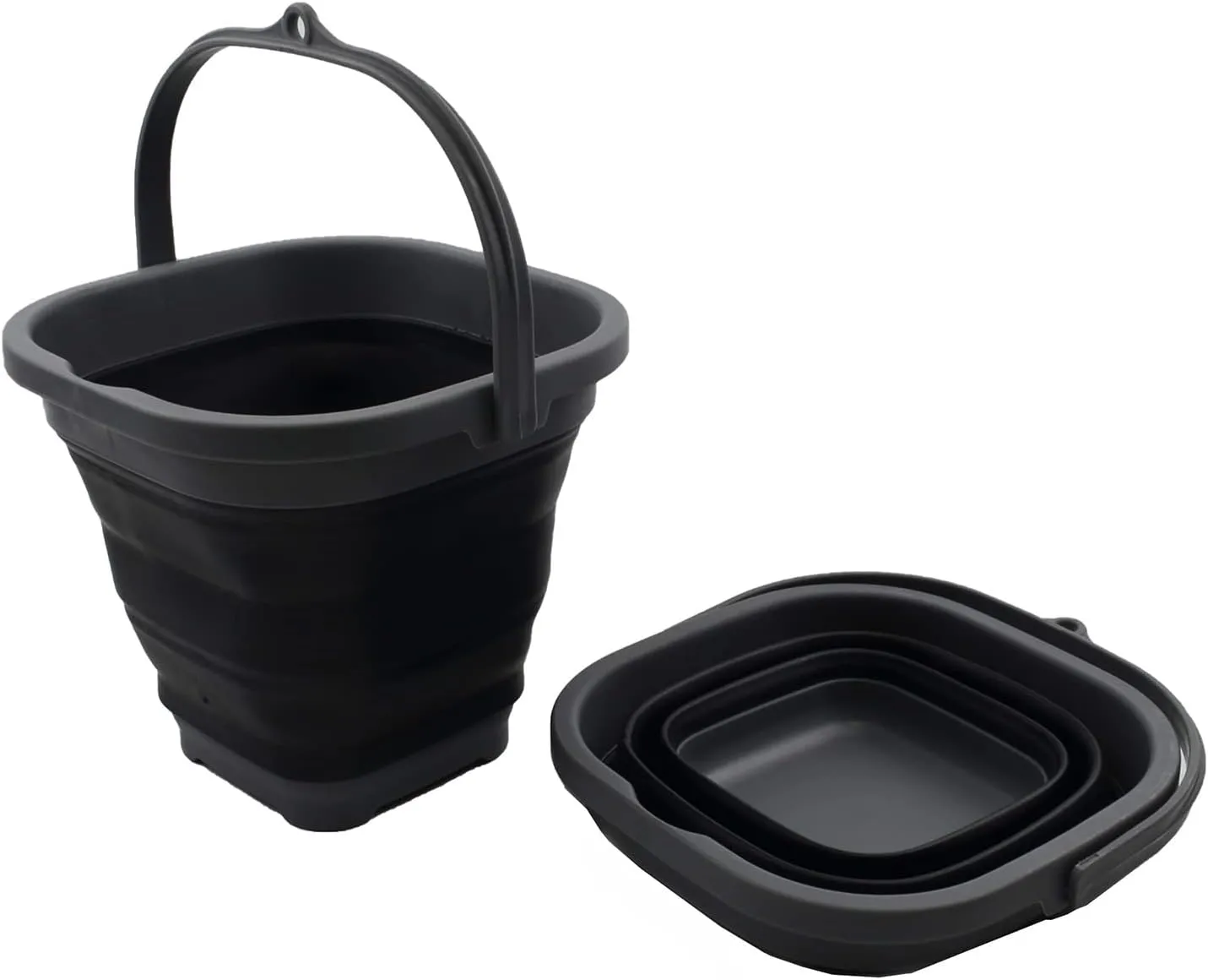 SAMMART 2.6L (0.68 Gallon) Super Mini Sqare Collapsible Plastic Bucket - Foldable Square Tub - Portable Fishing Water Pail - Space Saving Outdoor Waterpot (Grey/Black (Set of 2))