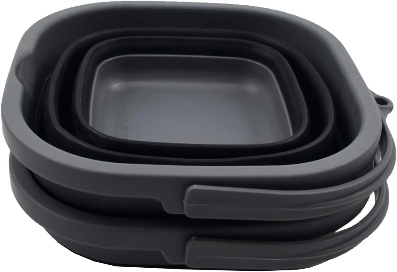 SAMMART 2.6L (0.68 Gallon) Super Mini Sqare Collapsible Plastic Bucket - Foldable Square Tub - Portable Fishing Water Pail - Space Saving Outdoor Waterpot (Grey/Black (Set of 2))