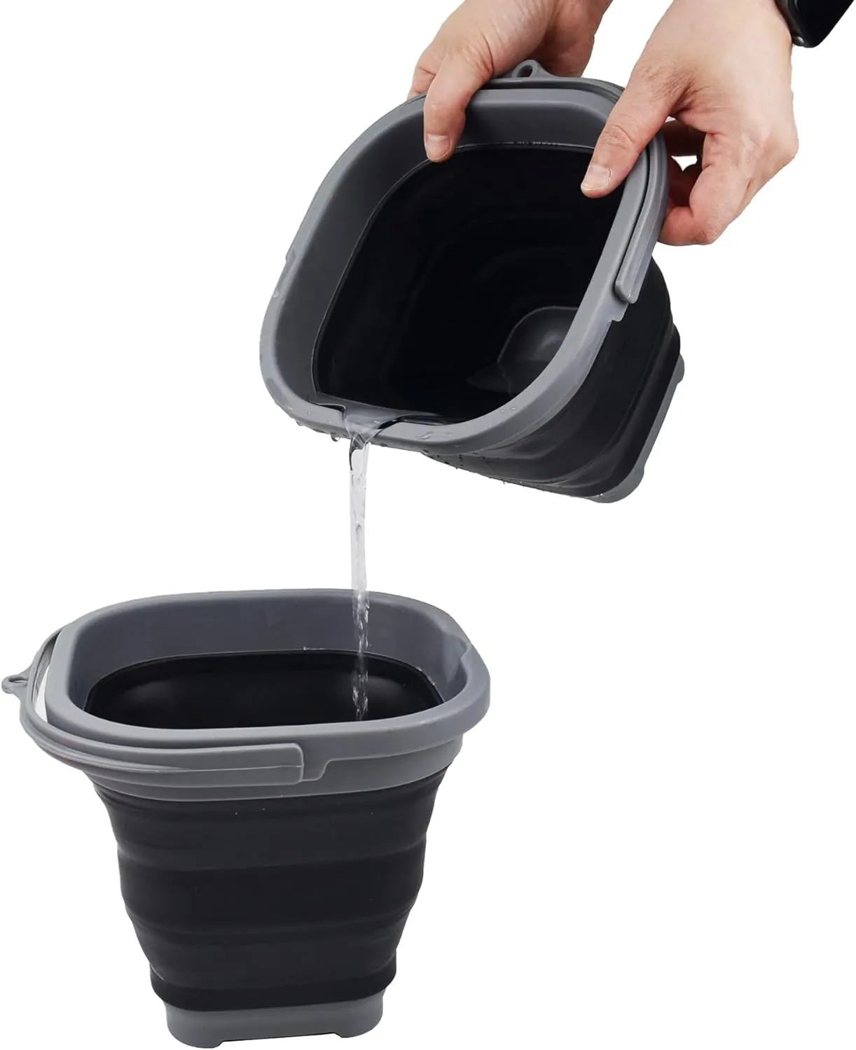 SAMMART 2.6L (0.68 Gallon) Super Mini Sqare Collapsible Plastic Bucket - Foldable Square Tub - Portable Fishing Water Pail - Space Saving Outdoor Waterpot (Grey/Black (Set of 2))