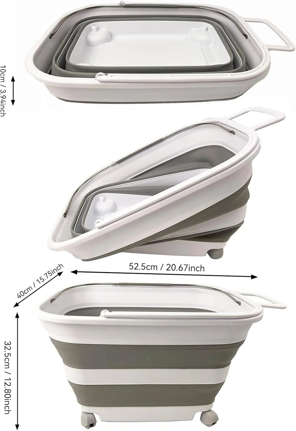 SAMMART 35L (9.24 Gallons) Collapsible Plastic Laundry Basket with Handle and Wheels - Foldable Pop Up Storage Container/Washing Tub - Space Saving (2, White/Grey)