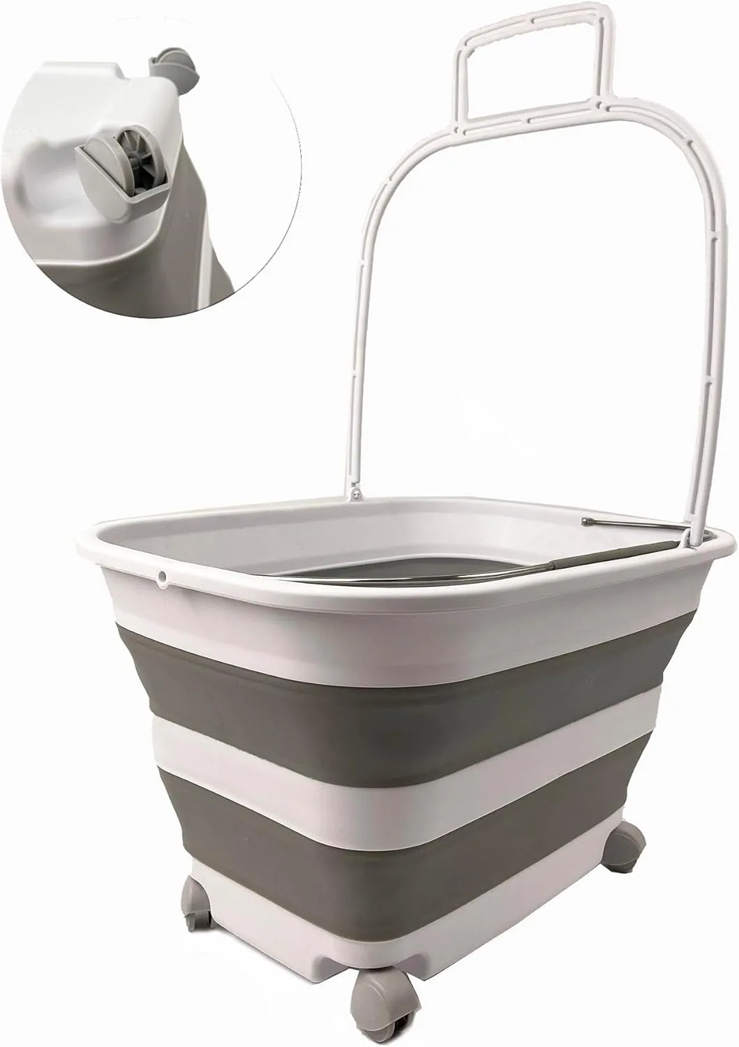 SAMMART 35L (9.24 Gallons) Collapsible Plastic Laundry Basket with Handle and Wheels - Foldable Pop Up Storage Container/Washing Tub - Space Saving (2, White/Grey)