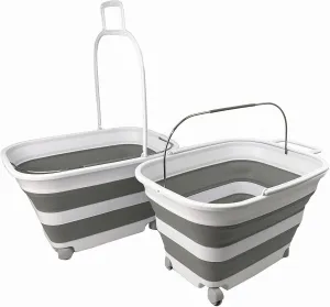 SAMMART 35L (9.24 Gallons) Collapsible Plastic Laundry Basket with Handle and Wheels - Foldable Pop Up Storage Container/Washing Tub - Space Saving (2, White/Grey)