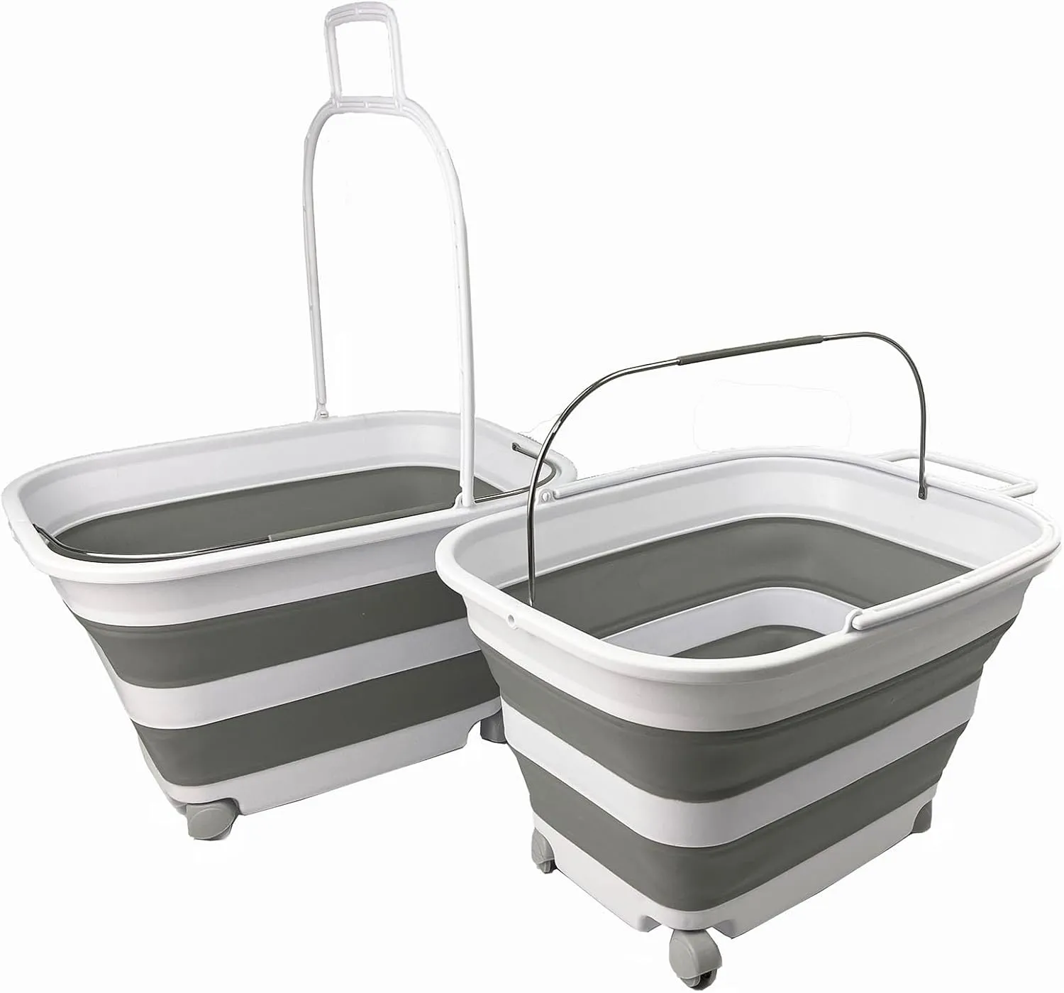 SAMMART 35L (9.24 Gallons) Collapsible Plastic Laundry Basket with Handle and Wheels - Foldable Pop Up Storage Container/Washing Tub - Space Saving (2, White/Grey)