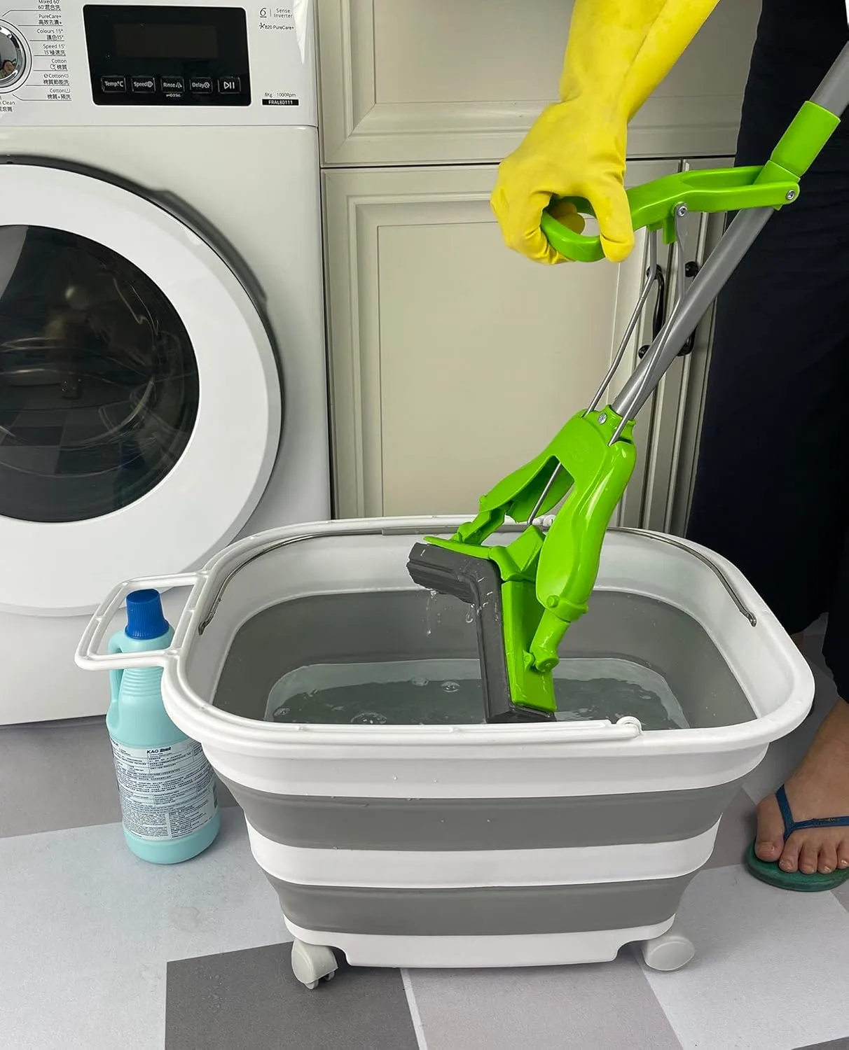 SAMMART 35L (9.24 Gallons) Collapsible Plastic Laundry Basket with Handle and Wheels - Foldable Pop Up Storage Container/Washing Tub - Space Saving (2, White/Grey)