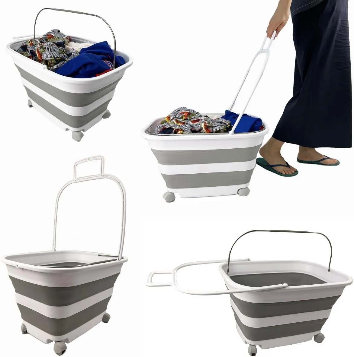 SAMMART 35L (9.24 Gallons) Collapsible Plastic Laundry Basket with Handle and Wheels - Foldable Pop Up Storage Container/Washing Tub - Space Saving (2, White/Grey)
