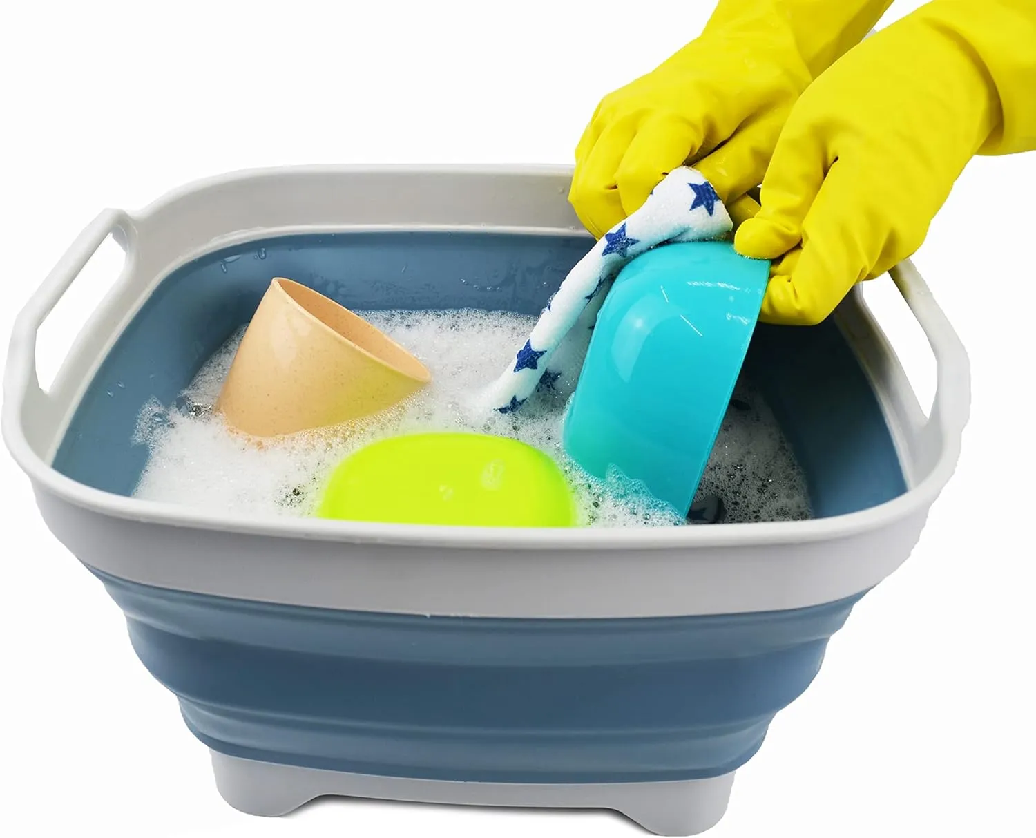 SAMMART 7.5L (2 Gallons) Collapsible Dishpan with Draining Plug - Foldable Washing Basin - Portable Dish Washing Tub - Space Saving Kitchen Storage Tray (Grey/Steel Blue, 1)