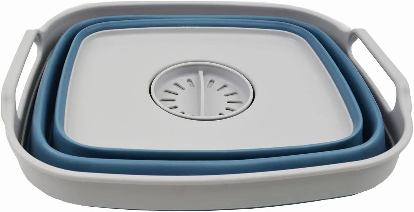 SAMMART 7.5L (2 Gallons) Collapsible Dishpan with Draining Plug - Foldable Washing Basin - Portable Dish Washing Tub - Space Saving Kitchen Storage Tray (Grey/Steel Blue, 1)