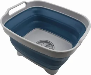 SAMMART 7.5L (2 Gallons) Collapsible Dishpan with Draining Plug - Foldable Washing Basin - Portable Dish Washing Tub - Space Saving Kitchen Storage Tray (Grey/Steel Blue, 1)