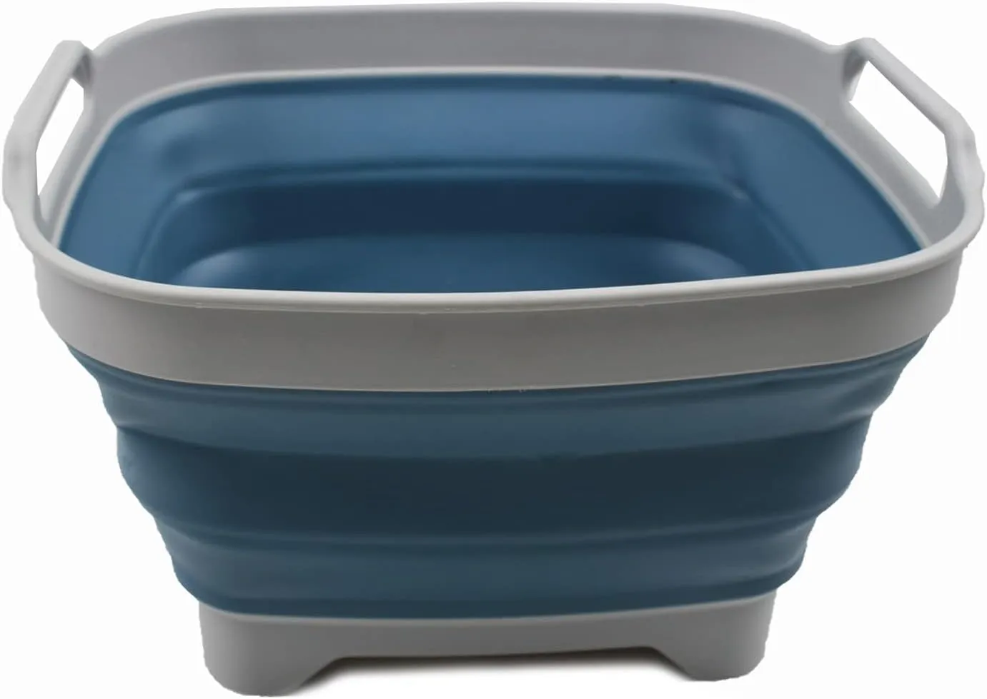 SAMMART 7.5L (2 Gallons) Collapsible Dishpan with Draining Plug - Foldable Washing Basin - Portable Dish Washing Tub - Space Saving Kitchen Storage Tray (Grey/Steel Blue, 1)