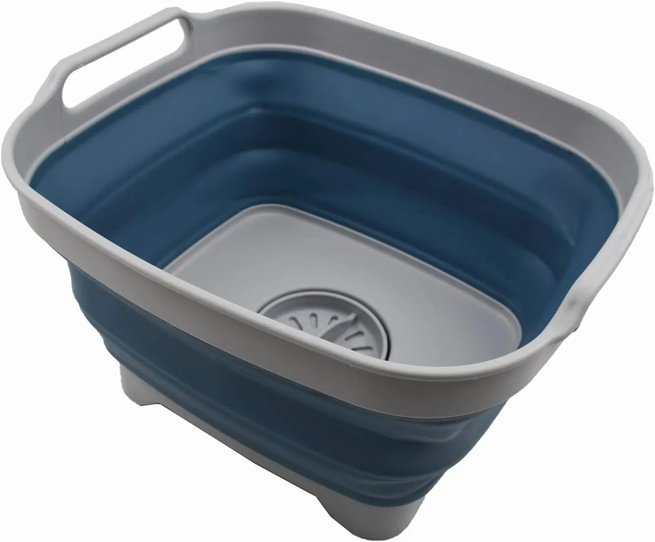 SAMMART 7.5L (2 Gallons) Collapsible Dishpan with Draining Plug - Foldable Washing Basin - Portable Dish Washing Tub - Space Saving Kitchen Storage Tray (Grey/Steel Blue, 1)