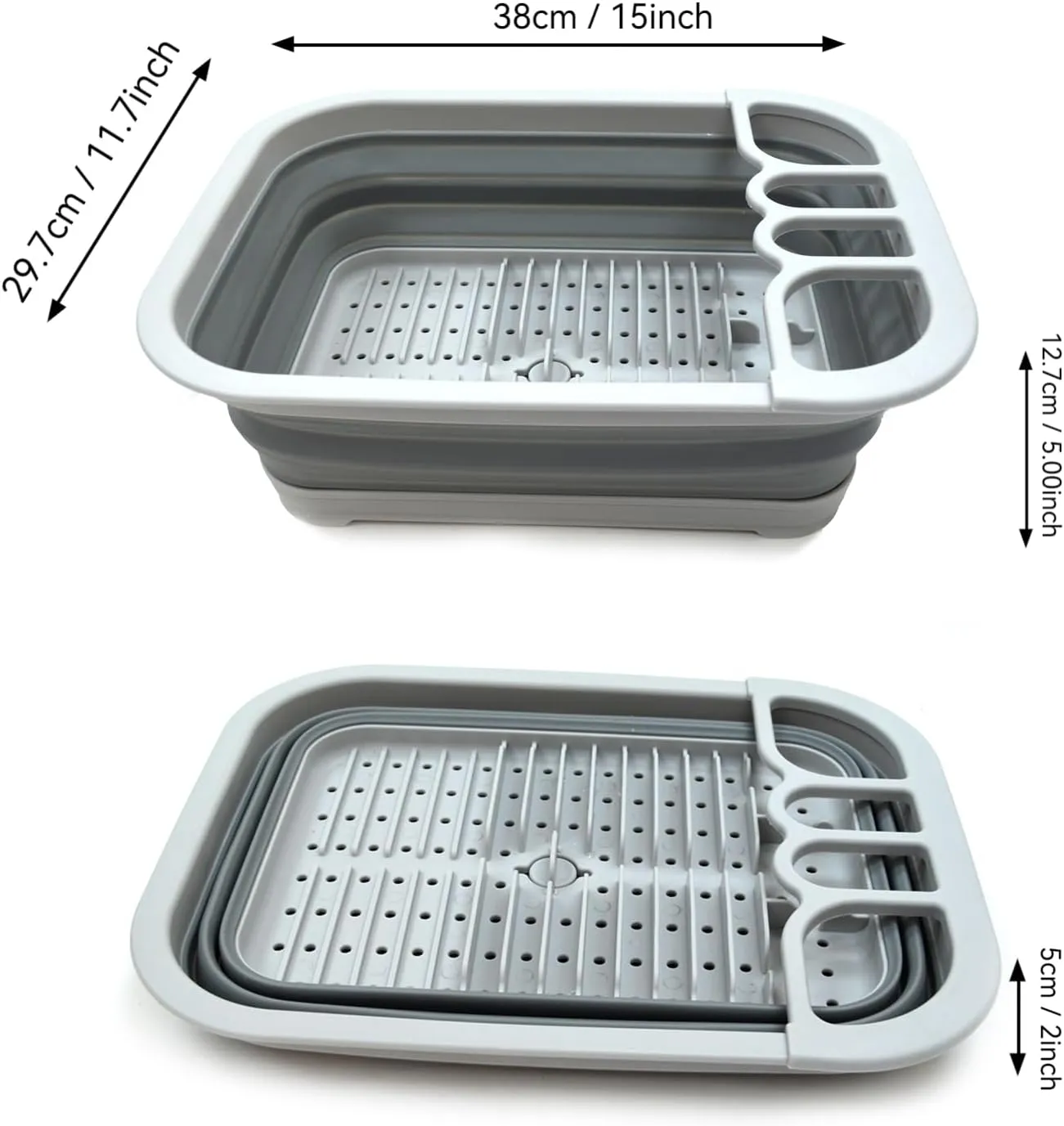 SAMMART Collapsible Dish Drainer with Drainer Board - Foldable Drying Rack Set - Portable Dinnerware Organizer - Space Saving Kitchen Storage Tray (1, Grey)