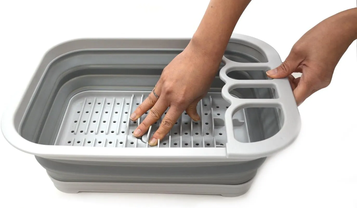 SAMMART Collapsible Dish Drainer with Drainer Board - Foldable Drying Rack Set - Portable Dinnerware Organizer - Space Saving Kitchen Storage Tray (1, Grey)