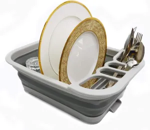 SAMMART Collapsible Dish Drainer with Drainer Board - Foldable Drying Rack Set - Portable Dinnerware Organizer - Space Saving Kitchen Storage Tray (1, Grey)
