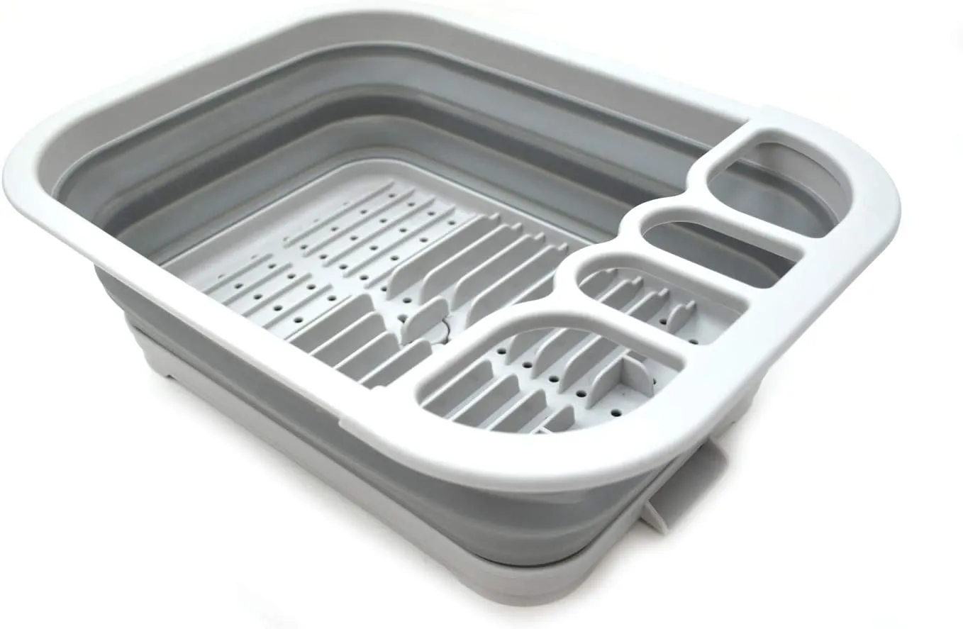SAMMART Collapsible Dish Drainer with Drainer Board - Foldable Drying Rack Set - Portable Dinnerware Organizer - Space Saving Kitchen Storage Tray (1, Grey)