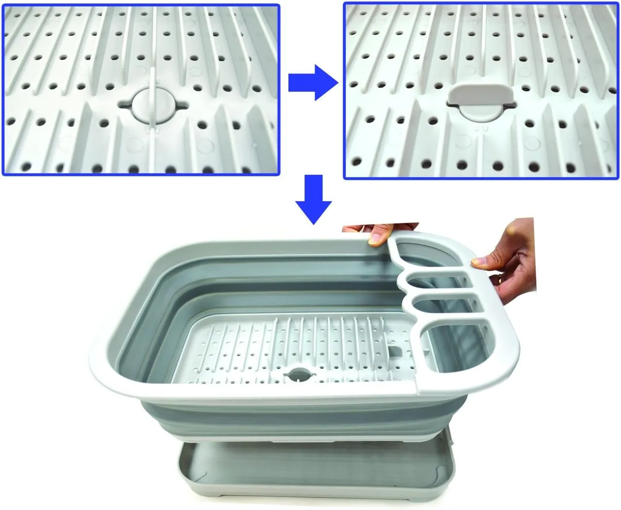 SAMMART Collapsible Dish Drainer with Drainer Board - Foldable Drying Rack Set - Portable Dinnerware Organizer - Space Saving Kitchen Storage Tray (1, Grey)