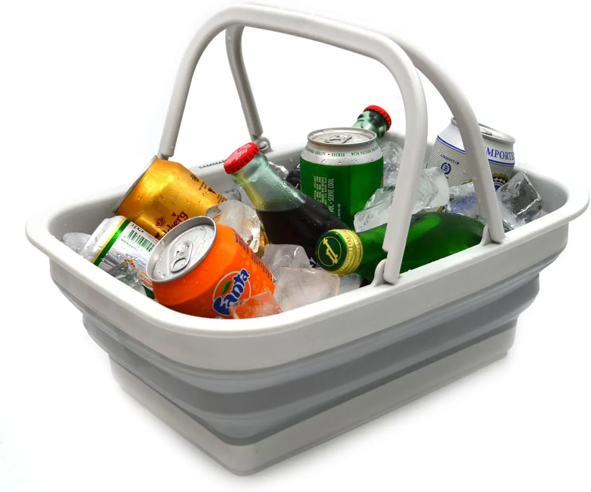 SAMMART SAMMART 9.2L (2.37Gallon) Collapsible Tub with Handle - Portable Outdoor Picnic Basket/Crater - Foldable Shopping Bag - Space Saving Storage Container (1, Grey)