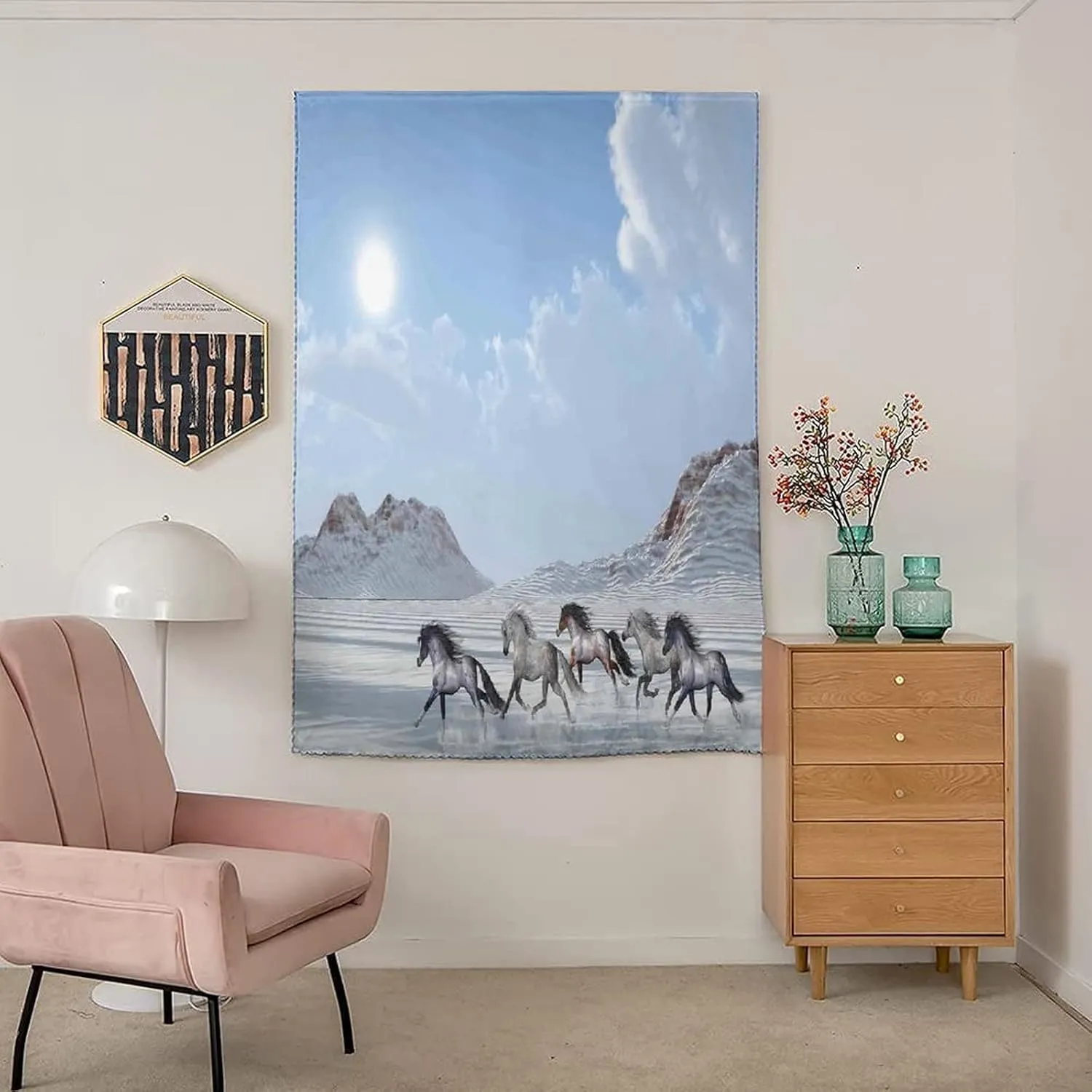 Self Adhesive Portable Blackout Curtains, Horses Room Darkening Curtains, Herd of Wild Noble Horses Run in Snow Winter Print Temporary Blackout Blinds,26W x40L Inch, for Kitchen Bathroom Living Room