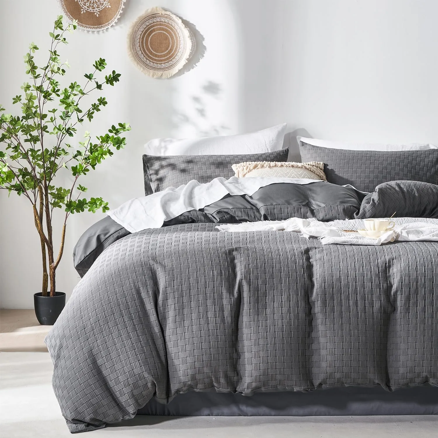 Senville Grey Duvet Cover Set Queen Size,Waffle Weave Queen Duvet Cover,3PCS Soft and Breathable Textured Bedding Set with Zipper Closure(Grey,90"x90")