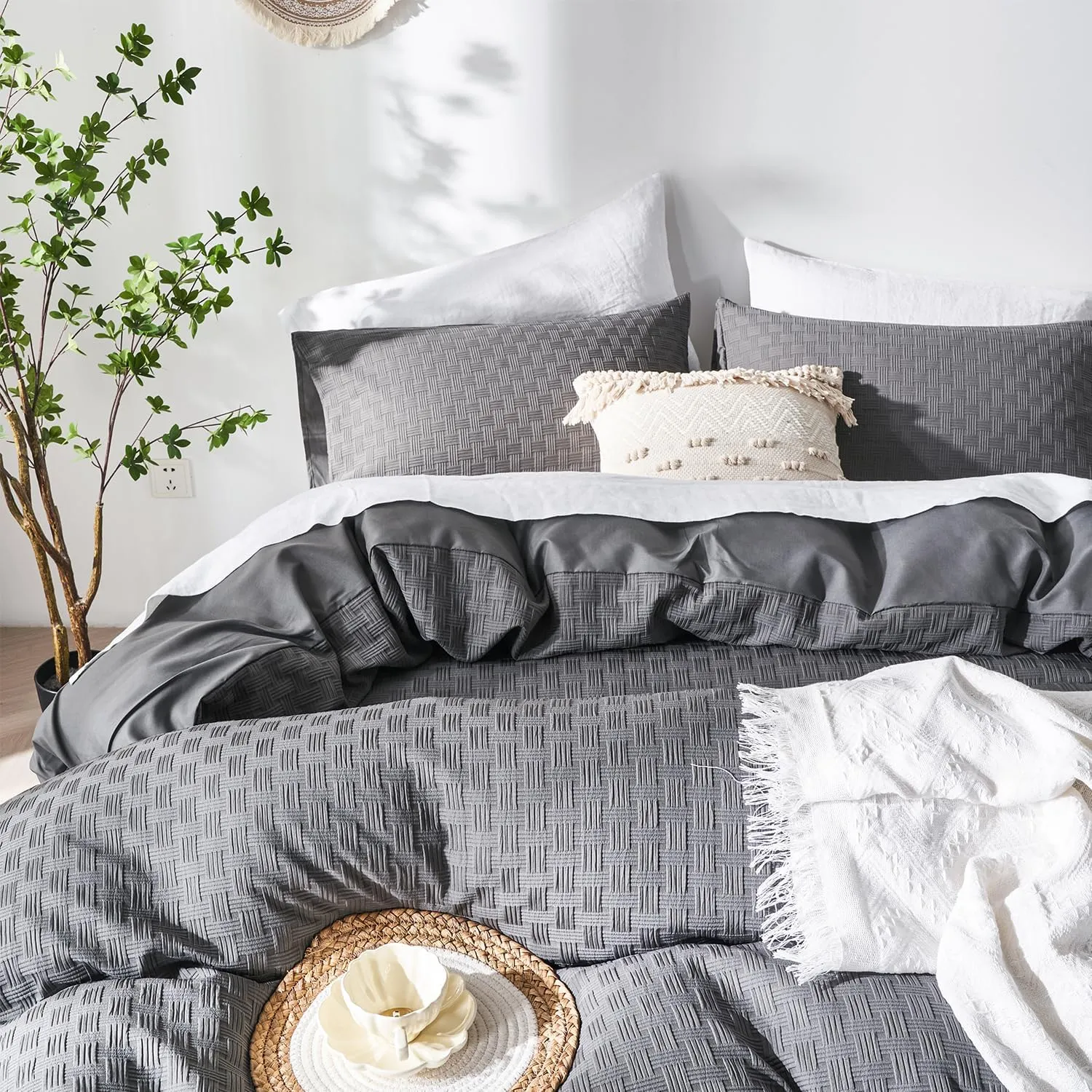 Senville Grey Duvet Cover Set Queen Size,Waffle Weave Queen Duvet Cover,3PCS Soft and Breathable Textured Bedding Set with Zipper Closure(Grey,90"x90")