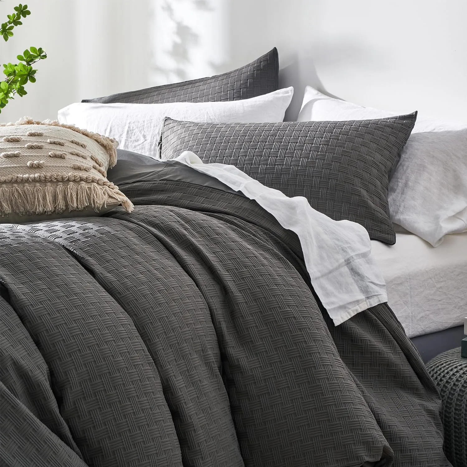 Senville Grey Duvet Cover Set Queen Size,Waffle Weave Queen Duvet Cover,3PCS Soft and Breathable Textured Bedding Set with Zipper Closure(Grey,90"x90")