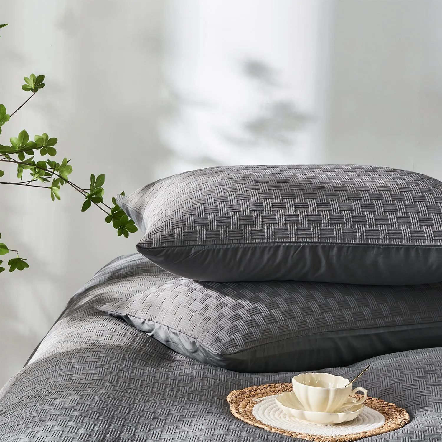 Senville Grey Duvet Cover Set Queen Size,Waffle Weave Queen Duvet Cover,3PCS Soft and Breathable Textured Bedding Set with Zipper Closure(Grey,90"x90")