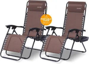 SereneLife Zero Gravity Chairs Set of 2 - Adjustable Steel Mesh Lawn Chairs - Outdoor Lounge Chairs with Detachable Cup Holder Tray - Foldable Outdoor Chair with Removable Pillows - Chocolate