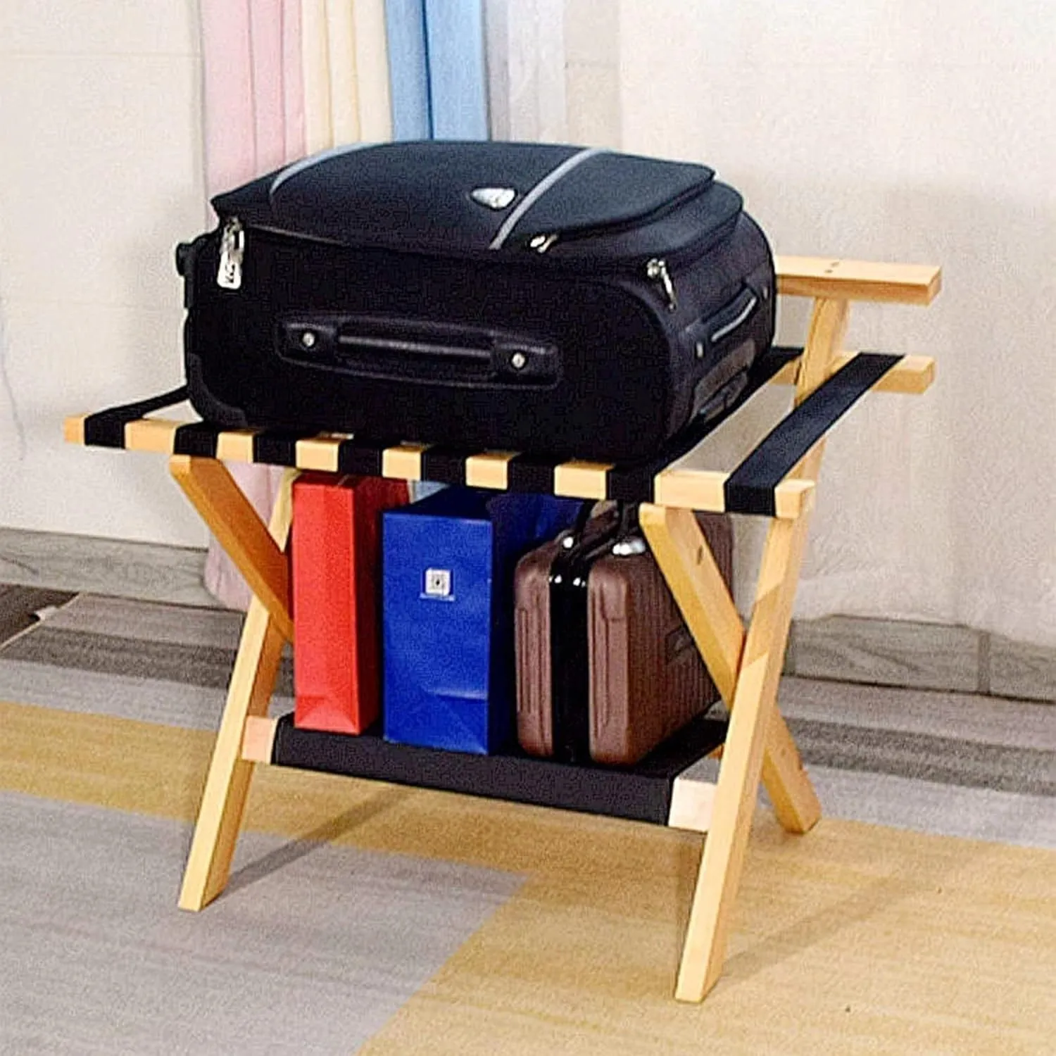 Set of 2 Foldable Luggage Racks - Rooms Hotels Foldable Suitcase Stand, Solid Wood Travel Bag Organizer, Floor Stand (Color : Wood)