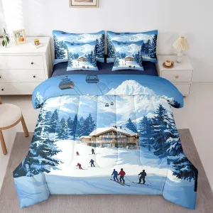Skiing Slope 7 Pieces Bedding Set Full,Rustic Snowy Cabin Winter Natural Mount Pine Trees Bed in a Bag for Young,Ski Cable Car Extreme Sports Theme Comforter Set with Sheets,Pillow Covers