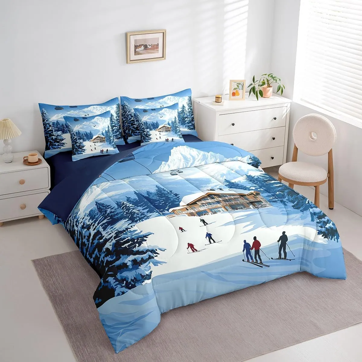 Skiing Slope 7 Pieces Bedding Set Full,Rustic Snowy Cabin Winter Natural Mount Pine Trees Bed in a Bag for Young,Ski Cable Car Extreme Sports Theme Comforter Set with Sheets,Pillow Covers