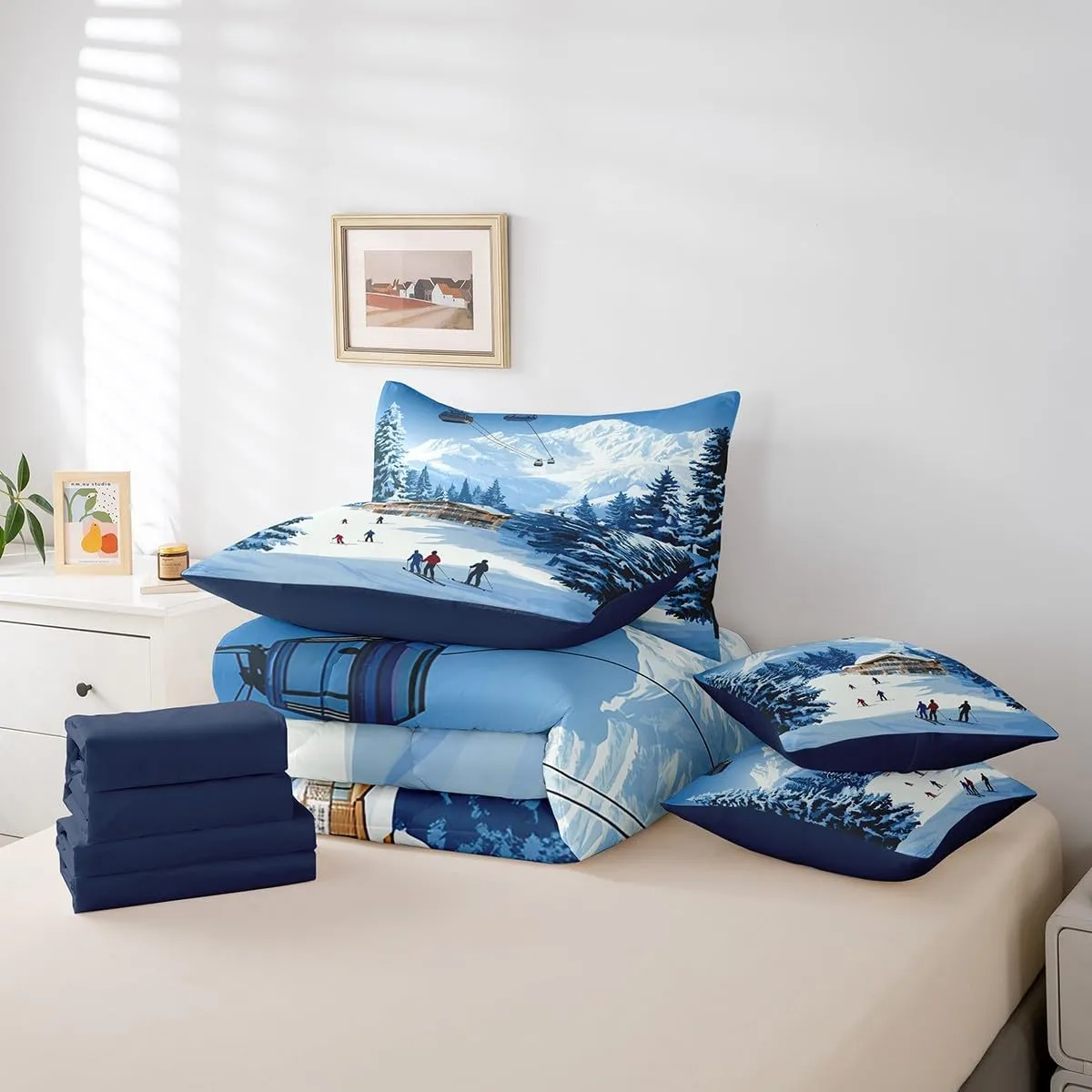 Skiing Slope 7 Pieces Bedding Set Full,Rustic Snowy Cabin Winter Natural Mount Pine Trees Bed in a Bag for Young,Ski Cable Car Extreme Sports Theme Comforter Set with Sheets,Pillow Covers