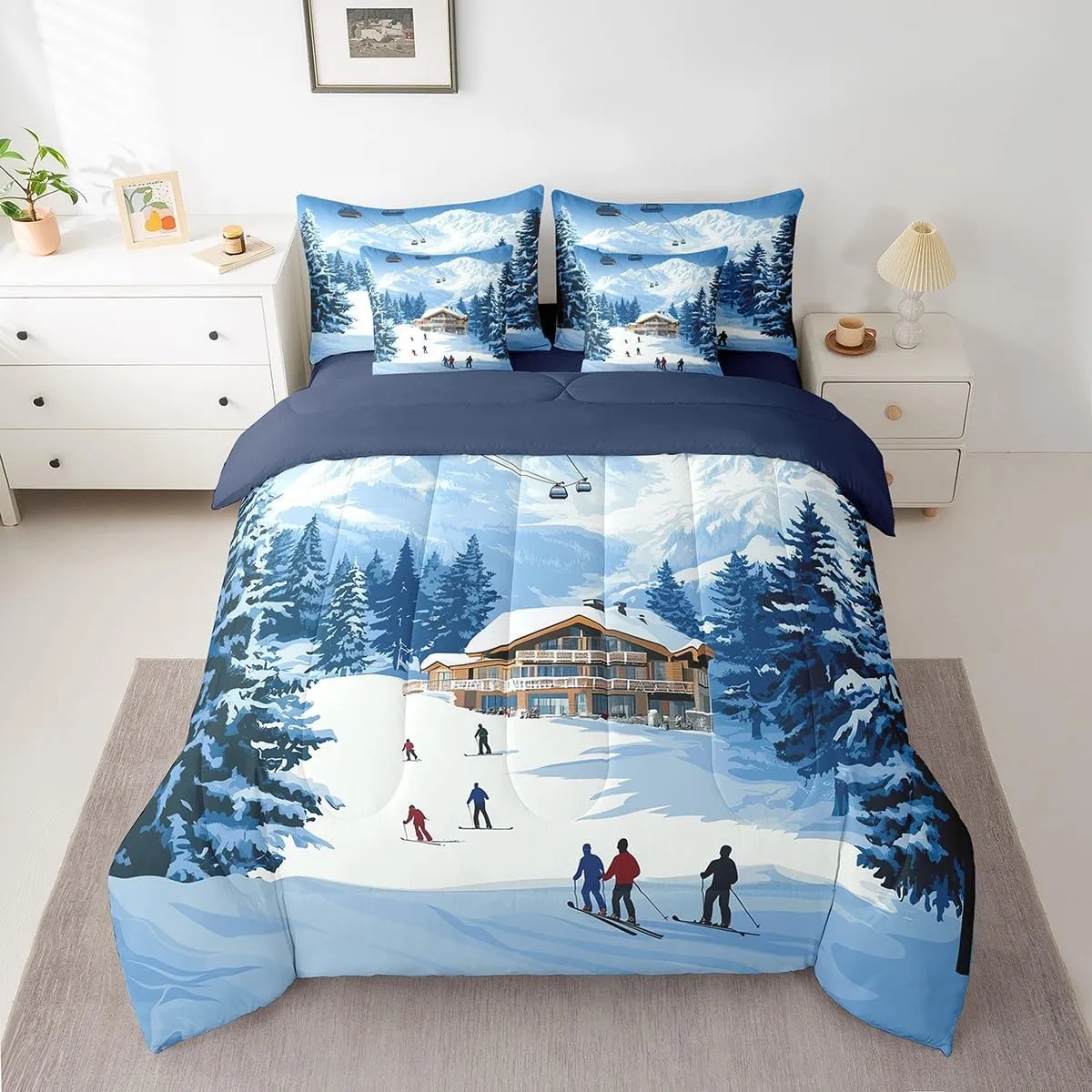 Skiing Slope 7 Pieces Bedding Set Full,Rustic Snowy Cabin Winter Natural Mount Pine Trees Bed in a Bag for Young,Ski Cable Car Extreme Sports Theme Comforter Set with Sheets,Pillow Covers