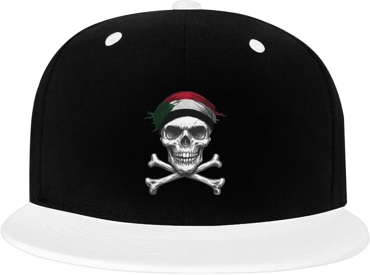 Skull Flag Sudan Color-Block Flat Brim Snapback Cap for Men & Women, Adjustable Hip-Hop Hat White