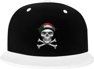 Skull Flag Sudan Color-Block Flat Brim Snapback Cap for Men & Women, Adjustable Hip-Hop Hat White