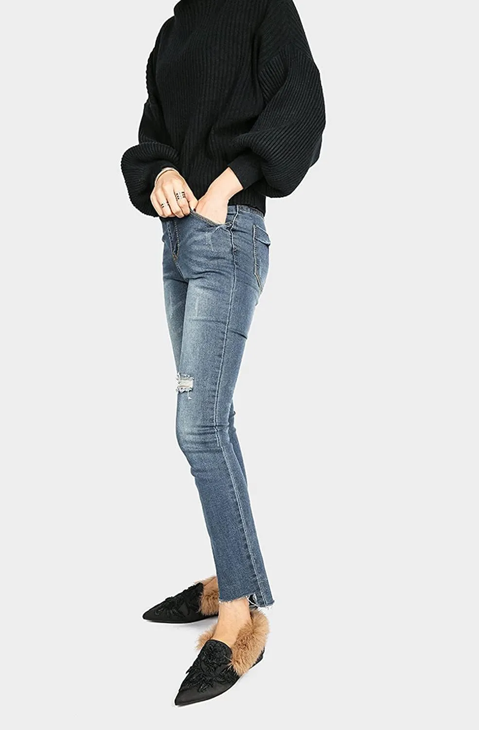 Slip On Loafers, Womens Embroidery Mule Shoes with Plush Lamb Fur Velvet Backless Pointed Toe Mule Slide